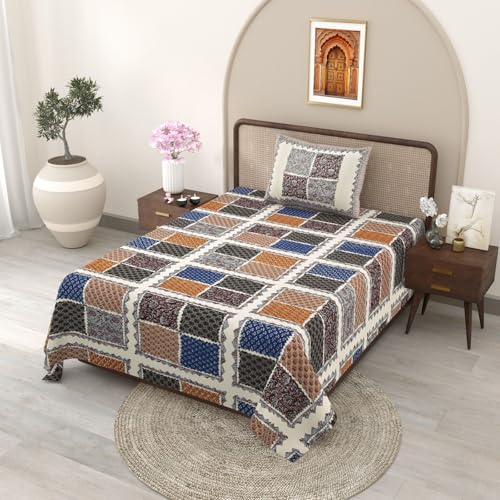 TIQH 100% Pure Organic Cotton Jaipuri Hand Block Premium Traditional Print Skin Friendly 240 TC Single Bed Sheet and Pillow Cover - 60"x90" (Pattern 03)