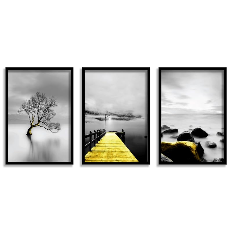 SAF paintings Set of 3 Water Bridge And Tree Wall Painting for Home Decoration SA-BLACKCF33596