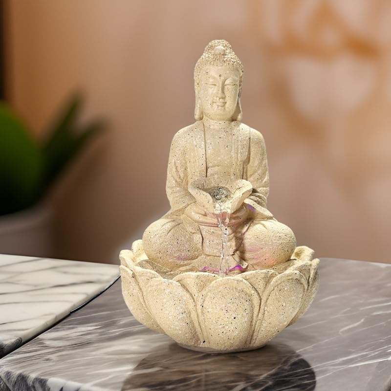 DGC Lotus Buddha Water Fountain with LED Lights & Water Pump | Tabletop Water Fountain | Vaastu Kamal Buddha Fountain for Home, Office, Garden Or Gifting (Beige, 23x15x34 CM)