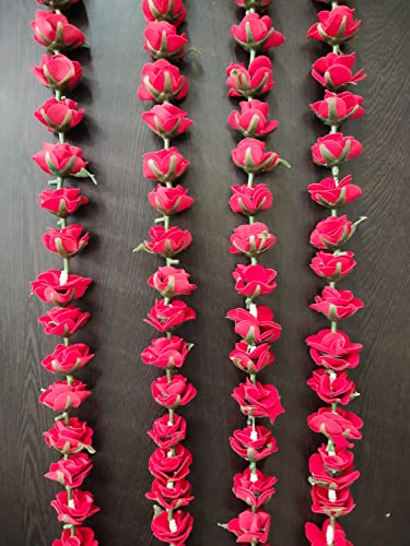 3A Featuretail Artificial Red Roses Garland String, Red Velvet Rose Ladi, Garlands for Decoration Festival, Pongal, Diwali, Marriages, Mandir & Home/Office (5Ft Length 4pc Set, Fabric Red Roses Ladi)