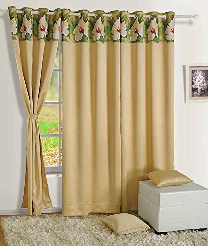 Swayam Floral Design Blackout Curtain for Long Door - 7.5 Feet | Door Curtain Made of Faux Silk with 8 Eyelets - Beige