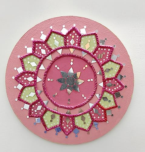 curationsbysmriti Lippan Art wall hanging/Kutchh Work/Mirror Art from Gujarat wall hanging/home decor wall hanging pink base mdf 10"