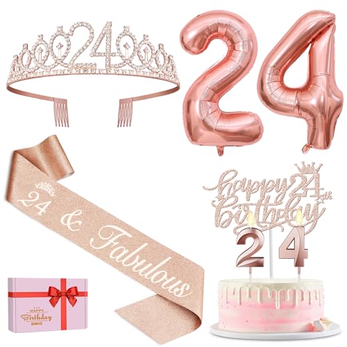 24th Birthday Decorations for Women Including 24th Birthday Sash, Tiara/Crown, Numeral 24 Candles and Cake Topper, Rose Gold Numeral 24 Balloons, 24th Birthday Gifts for Women