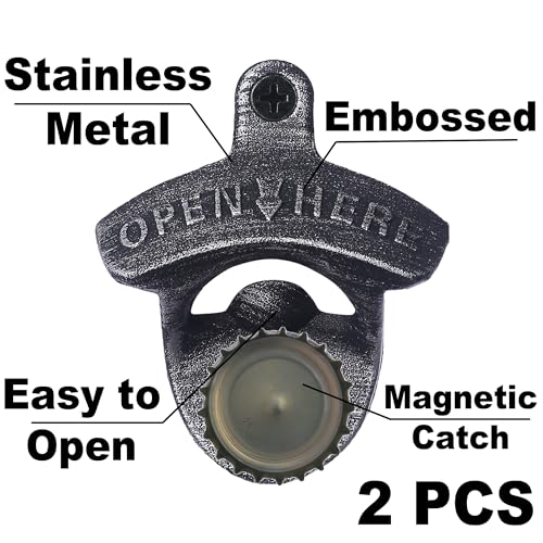 2PCS Outdoor Aged Silver Stainless Wall Mount Beer Bottle Opener Magnetic Stationary with Magnetic Cap Catcher Jumiok for Home Bar Cabinet Porch