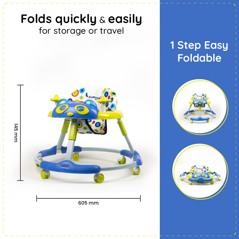 BUMTUM Baby Walker | Baby Walker with Parental Handle, Music & Stopper | Blue & Yellow Kitty Walker | 6-48 Months | Multifunctional & Adjustable