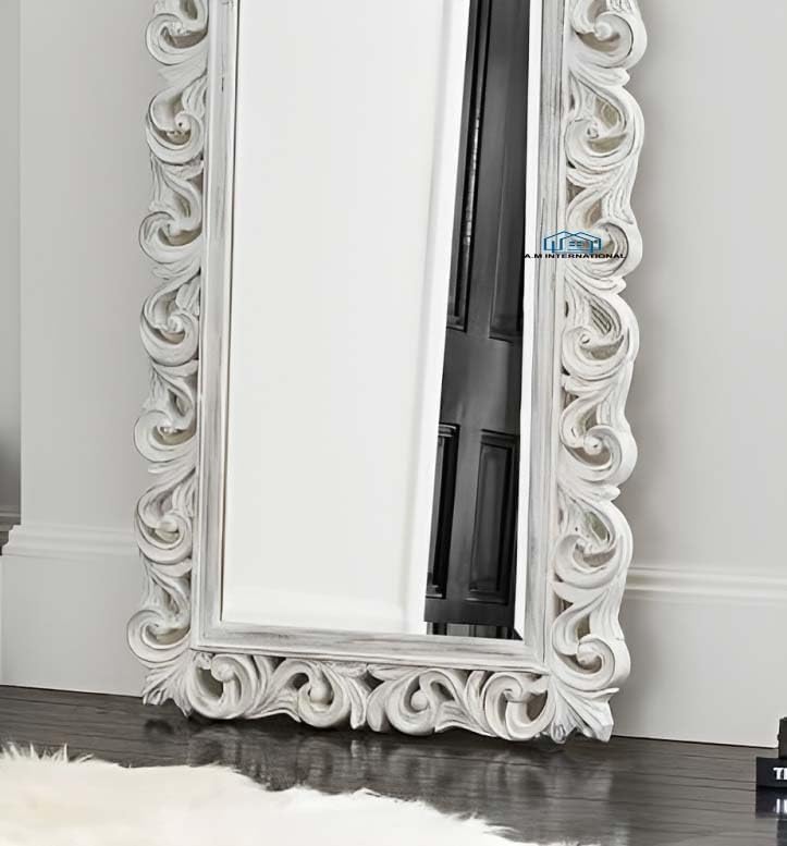 A.M INTERNATIONAL Wooden Carved Wall Mirror Frame Solid Wood, White Distress Finish | with Out Mirror | Size 6 * 2.5 ft (White) (6 * 2.5 ft)