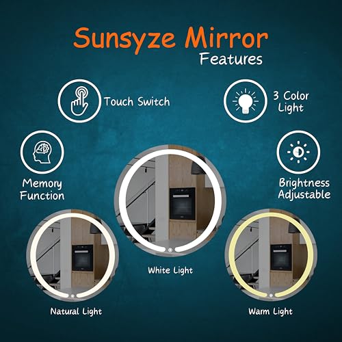 Sunsyze Bathroom Led Mirror | Backlit Bathroom Mirror with Imported Touch Sensor + Dimmer + White Light +Natural Light + Warm Light | 24x24 (Unframed, Round, Wall)