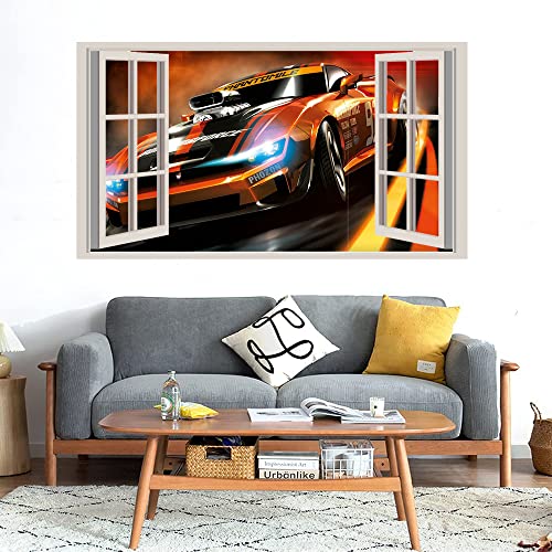 GADGETS WRAP Printed Wall Decal Sticker Fake Window Style Decal (90cm x 50cm) - Orange Muscle Car