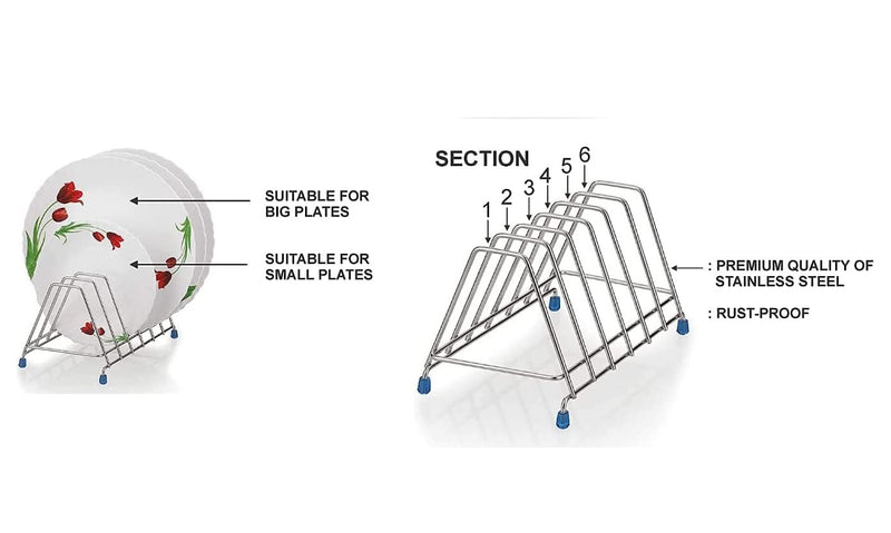 D.k 11 Stainless Steel Plate & Lid Rack Holder|Plate Stand|Dish Stand Utensil Rack for Kitchen - 6 Sections Lid stend for Kitchen Dining Table & Kitchen cabinets Storage Racks, Tiered Shelf