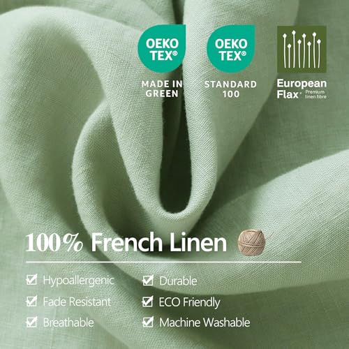 Victory Symbol 100% French Natural Linen Bedding Ultra Soft Stone Washed 4 Piecces Sheets Set(Light Green,Queen)