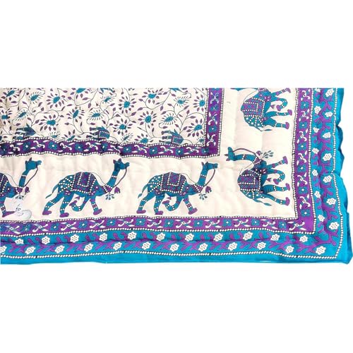 fashhub Rajasthani Traditional Cotton Jaipuri razai rajai ac Blanket Blue Camel Animal Print with Floral Design Single Bed Jaipuri Quilt 55 x 85 inch (Blue) Reversible (Both Sided)