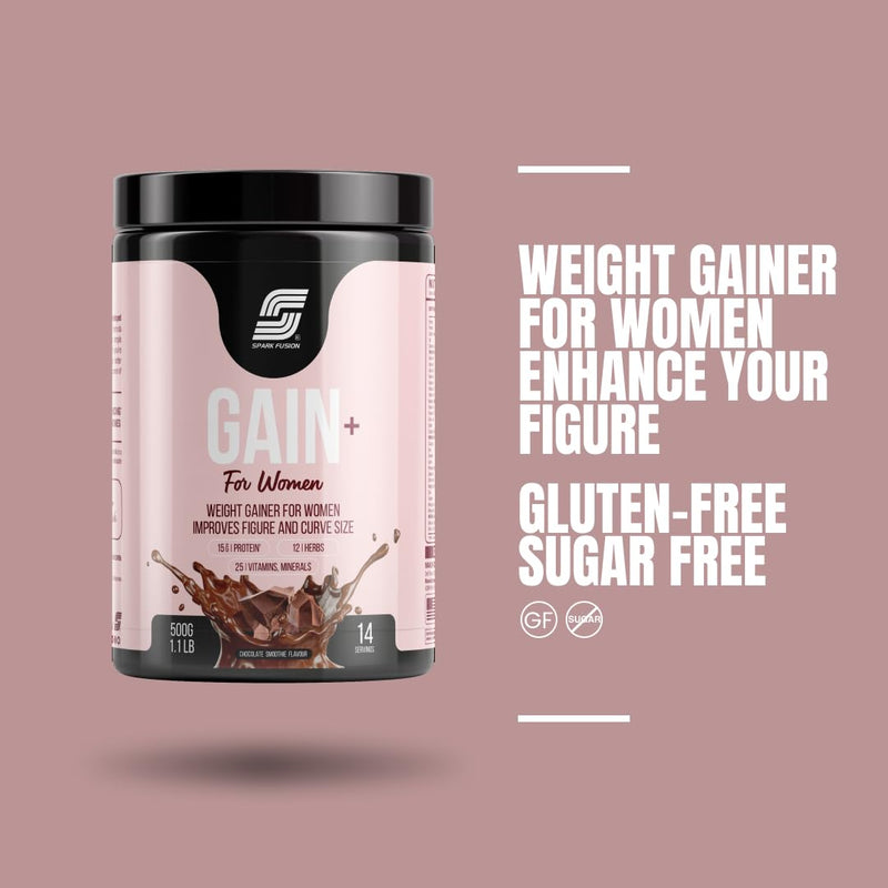 Sparkfusion Gain+ Women Weight Gainer | With Full Power 12 Herbs,Protein & Vitamins | For Improves Figure And Curve Size | Weight + Mass Gainer For Women Chocolate Smoothie flavour 500 gm