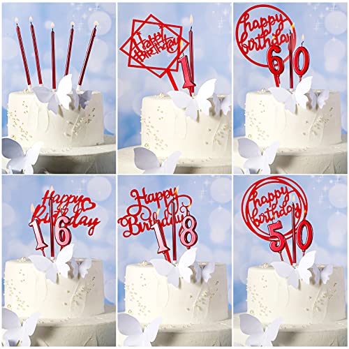 84 Pcs Birthday Candles Set 30 Numeral Birthday Candles Cake Numeral Candles 48 Metallic Birthday Candles Cake Candles 6 Glitter Acrylic Happy Birthday Cake Toppers for Wedding Party (Red)