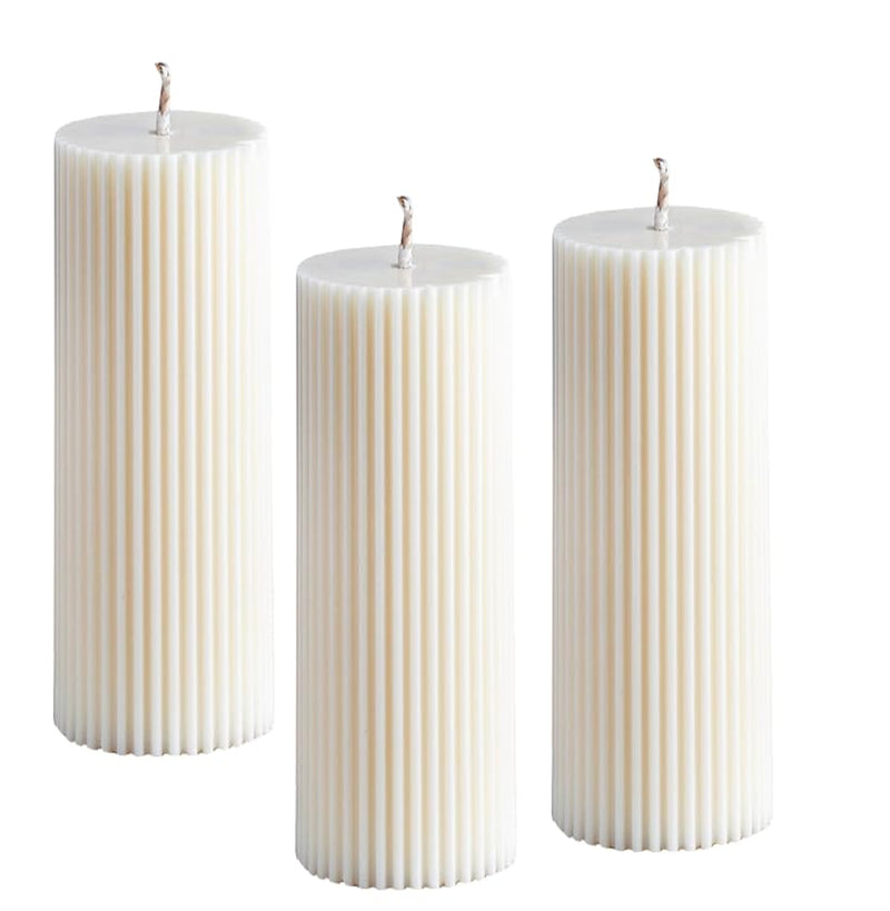 atorakushon Soy Wax Set of 3 White Long Ribbed Pillar Candles Aroma Scented 2''x5''Inches Candle Valentine Gift Home Party Decoration Wedding Spa X-mass