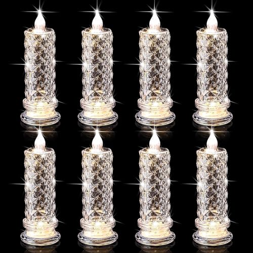 The Decor Affair 8 Pcs Rose Shadow Flameless Candles - 2.5 x 7 Inches of Flickering Beauty - Crystal Pillar Candles with Batteries for a Magical Touch on Valentine's Day