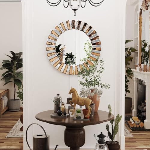 VENETIAN IMAGE Round Rose Gold and Silver Hanging Mirror, Modern Artistic Look, Premium Glass, Sunburst Pattern, Hallway Entrance, Home Decor (3D, 80cm Round)