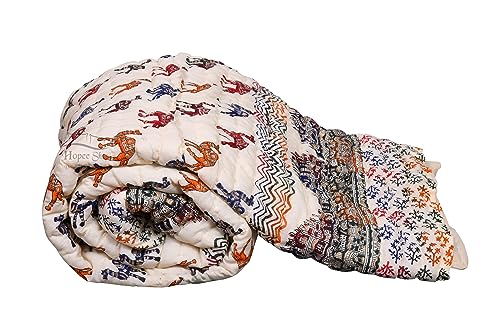 LOARSHY Hand Block Gold Printed Jaipuri Razai Lightweight and Warm Soft Blanket Camal with Hawamahal - Cream (90X108)