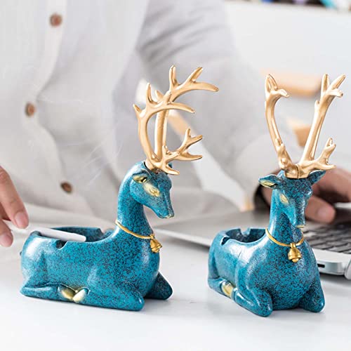 MYADDICTION Couple Deer Statue Ashtray Animal Statue Crafts Resin for Office Home Cafe Blue