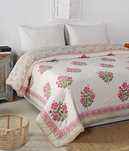 WOODSY Original Pure Cotton Jaipuri Razai Hand Block Pink and Green Flower Print Reversible Comforter Lightweight AC Quilt Summer and Winter Bedding | Throw Bed Blanket (King Size 108X108 Inches)