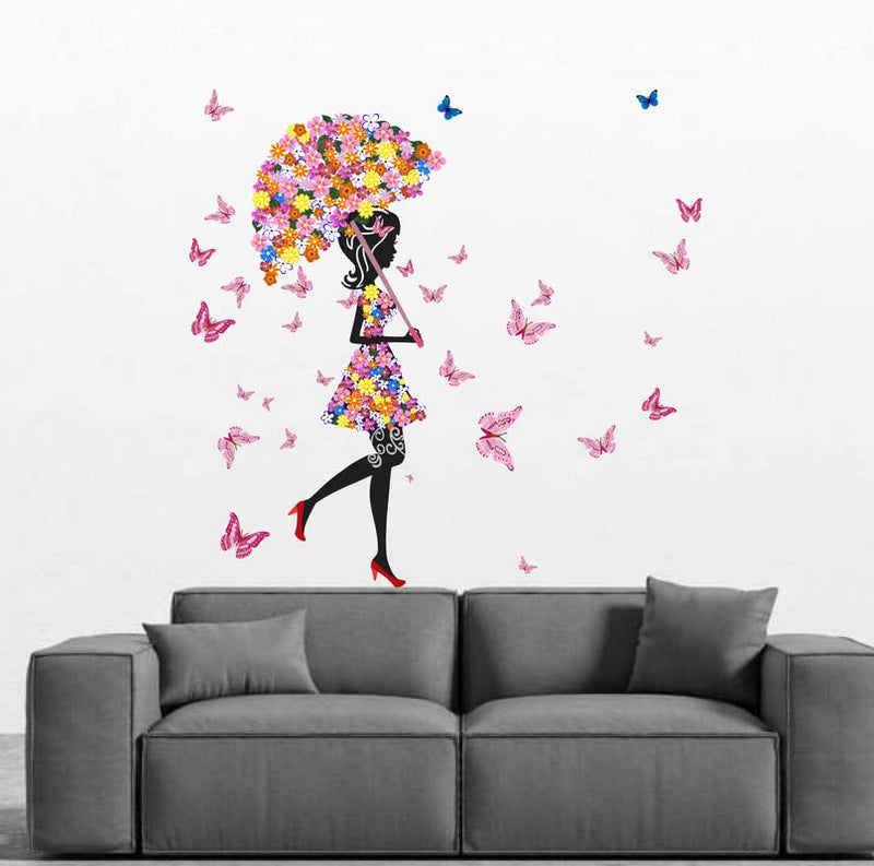 K2A Design Floral Umbrella Girl and Beautifull Butterflies Wall Sticker Multicolor PVC Vinyl 96x99 Cm