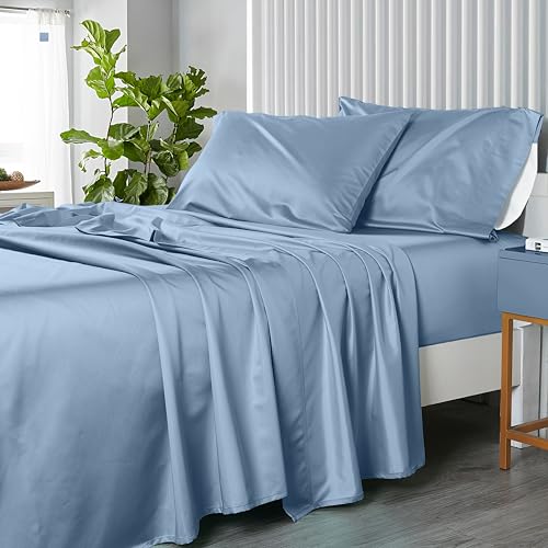 Twin XL, Blue : Royal Hotel's Solid Blue 600-Thread-Count 3pc Twin-Extra-Long Bed Sheet Set 100% Cotton, Sateen Solid, Deep Pocket