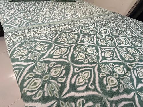 Printed Cotton Double Bed Dohar, Green and White Pattern