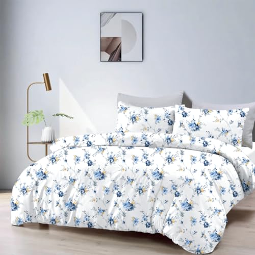 Tannarry Soft Cotton Floral Print 144 TC Super King Size Bedsheet (274 * 274cm) with 2 Pillow Covers (46 * 68cm)- Blue