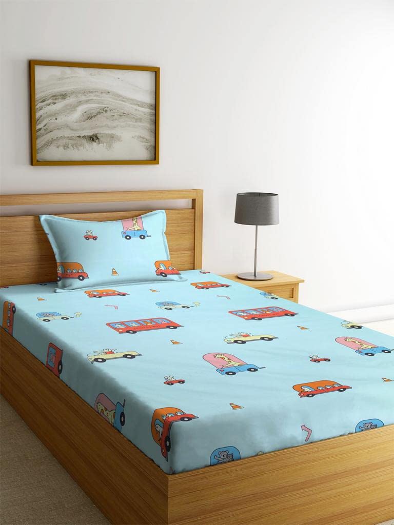 NEW LEAF Cotton Feel Soft and Smooth Cartoon Printed 2 Single Bedsheets Special for Kids or Your Baby with 2 Matching Pillow Covers (Space & Ranbow, Multicolour)