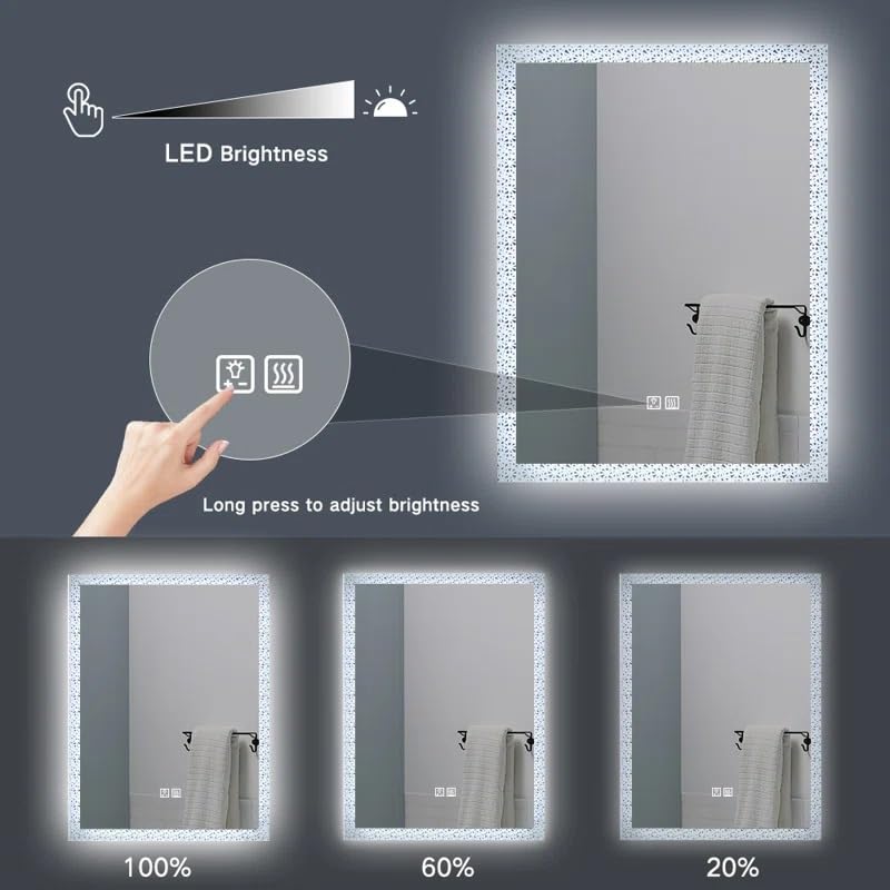 Artessa Crystal Frost Rectangular LED Mirror with Defogger, Dimmer, 3-Colour LED for Bathroom (60 x 45 CM)