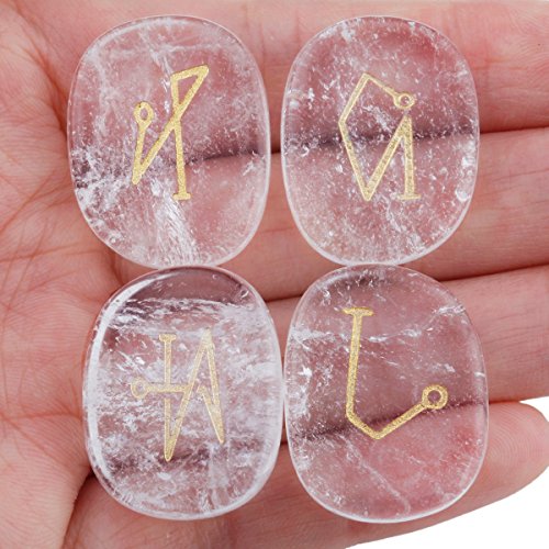 SUNYIK Flat Oval Rock Quartz with Engraved Angel Symbols Palm Stone Worry Stones Set of 4