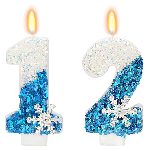 Snow Themed Birthday Candles, 12th Birthday Candle for Party Supplies, Winter Birthday Party Supplies, 2.76 inch Number 12 Candle Cake Topper Decoration (Number 12)