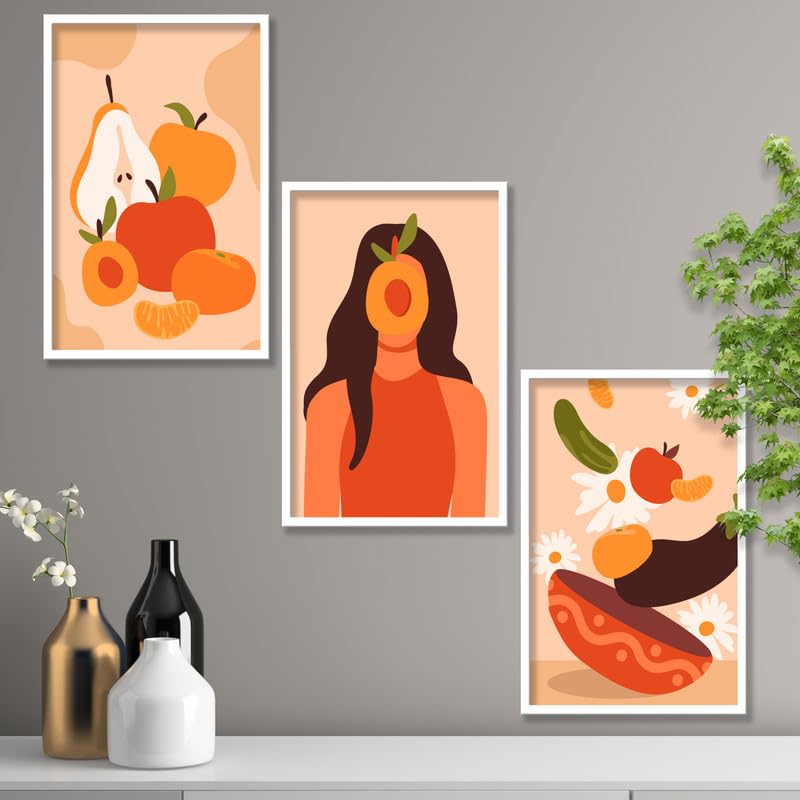 SAF paintings Set of 3 fruits modern art Boho design Premium white Framed Bohemian wall painting for for Wall, Home and Living Room Decoration 80 cms x 34.29 cms COMBO-2002-K3