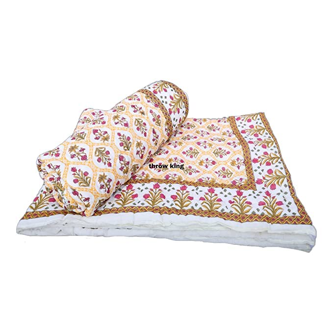 THROW KING Rajasthani Reversibel Single Bed Jaipuri Pure Organic Cotton And Can Use in Both Summer And Winter Mughal Desing Printed Soft Cozy & Breathable Jaipuri Razai/Rajai/Quilt/Blanket/Dohar/Duvet (Size-90X60)(Yellow/Maroon) Pack of 2 (TRW_A24)