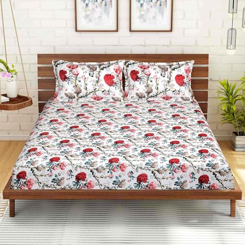 TIQH 100% Cotton Soft Touch Hypo-Allergenic Jaipuri Printed Artisan Block Design Bedsheet with 2 Pillow Covers (King Size (70"x100"))