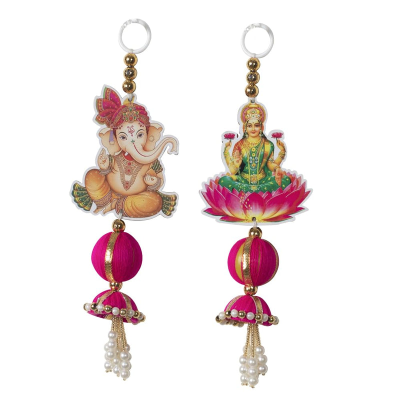 Kaameri Bazaar Lakshmi Ganesh Door Hanging with Jhumki and Pink Ball Set