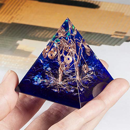 Amogeeli Crystal Orgone Pyramid with Copper Tree of Life EMF Protection Stone for Decor, Dark Blue