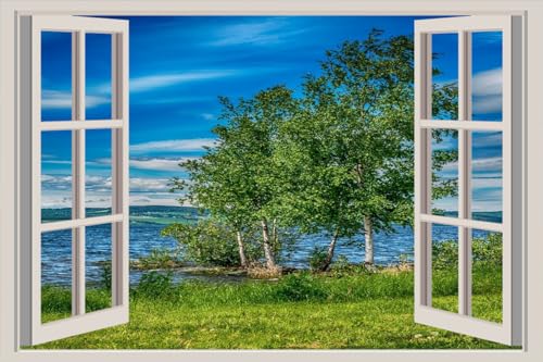 JVERF - JZZA25434 Norway Lake Summer Sky Hedmark Trees Grass| Self-Adhesive Open Window Wall Sticker