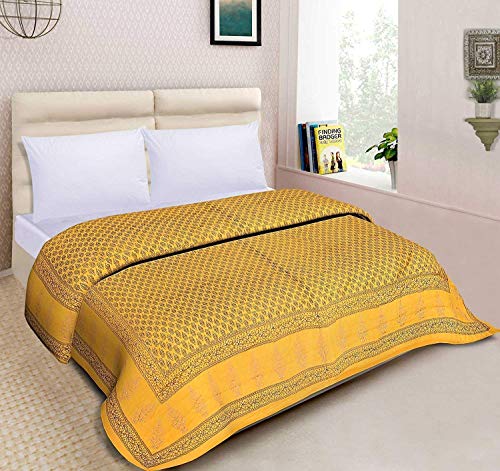 Lilfly Traditional Multicolour Light Weight Pure Cotton Single Bed Soft Jaipuri AC Quilt/Razai with Gold Block Print Quilts Blankets for Home (Size 55X85 inch) Floral Yellow TDS-92