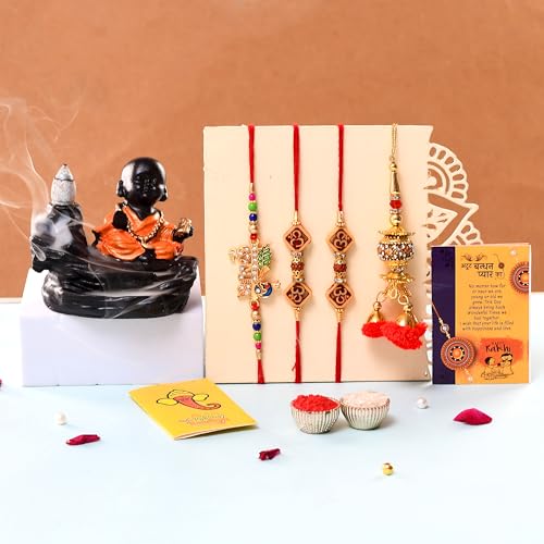 Collectible India Rakhi Gifts for Brother Combo Set - Rakshabandhan Gift for Brother - Monk Buddha Smoke Backflow Cone Incense Showpiece, Rudraksh Rakhi, Krishna Rakhi, Lumba Rakhi, Greeting Card