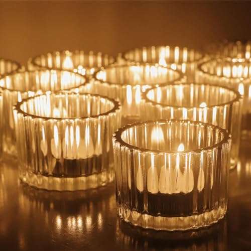 Shama Candles Ribbed Mini Votive Glass Jar for Home & Festival Decorations (Set of 15)