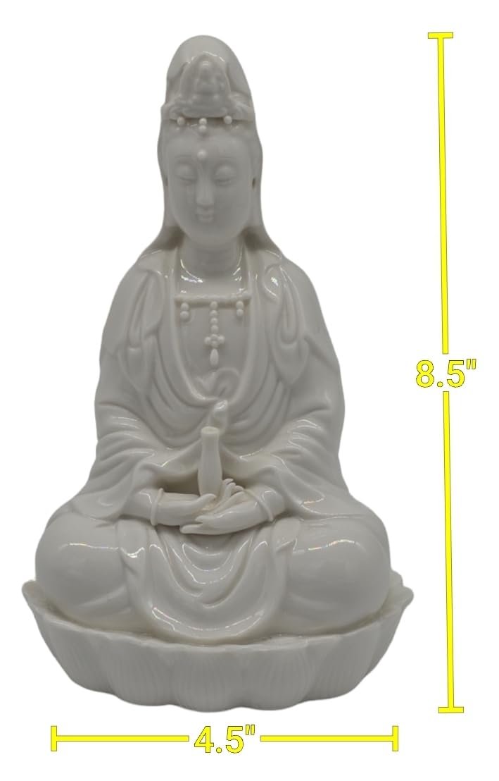 8.5" Fine Porcelain Ceramic Quan Yin Buddha Sitting on a Lotus Statue, Guanyin, Kwan Yin, Kuanyin, Goddess of Mercy, Dehua