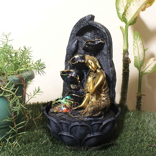 Art N Hub Lord Buddha Home Decorative Water Fountain Best Home and Office Inauguration Gift Items | Built (27 x 27 x 39 CM | Grey Golden)