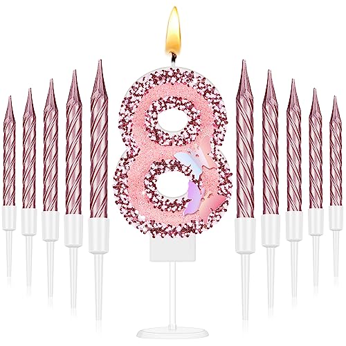 2.75" Large Pink Glitter Happy Birthday Candles Girls Number Candles for Birthday Cakes Sequin Numeral Princess Candle Number Birthday Cake Topper with 10 Long Thin Cupcake Candle for Party (Number 8)