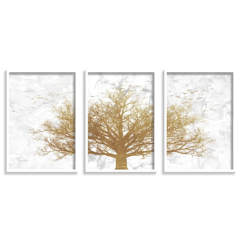 SAF paintings Set of 3 Golden Tree Wall Painting for Home Decoration SA-WHITEMX33520