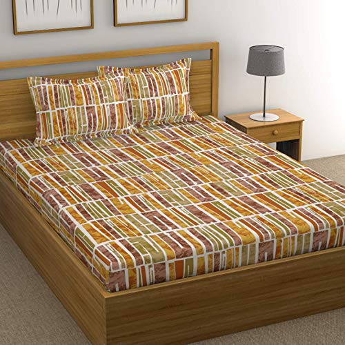 HUESLAND by Ahmedabad Cotton 144 TC Cotton King Size Bedsheet with 2 Pillow Covers - Orange, Green & Brown(9ft x 9ft)