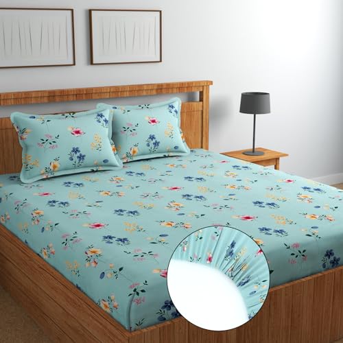 TARAIN COLLECTION Cotton Perfect Fitted Bedsheets with 2 Pillow Covers | King Size| Double Bed with All Around Elastic 180 TC |Size-78" x 72" +10" | Floral (Multicolour, Grey Green)