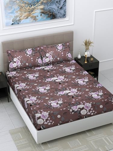 FABINALIV Brown Floral 300 TC Cotton Blend King Size Double Bedsheet with 2 Pillow Covers (FLBS-1166-Brown)