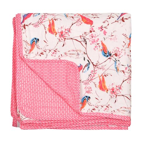 BED-SHEET.COM 150 GSM 100% Mulmul Parakeets Single Bed Reversible Blanket/Duvet/Quilt/AC Dohar(90" X 60"), Pink