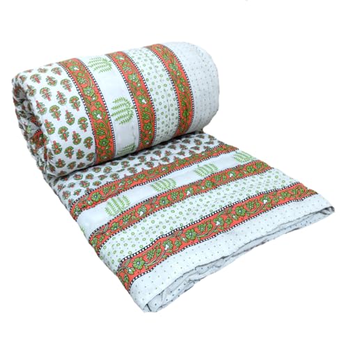 Gnudi Pure Cotton Jaipuri Razai/Rajai Traditional Sanganeri Print Double Bed Quilt Blanket (90x100 inch_Multi05)