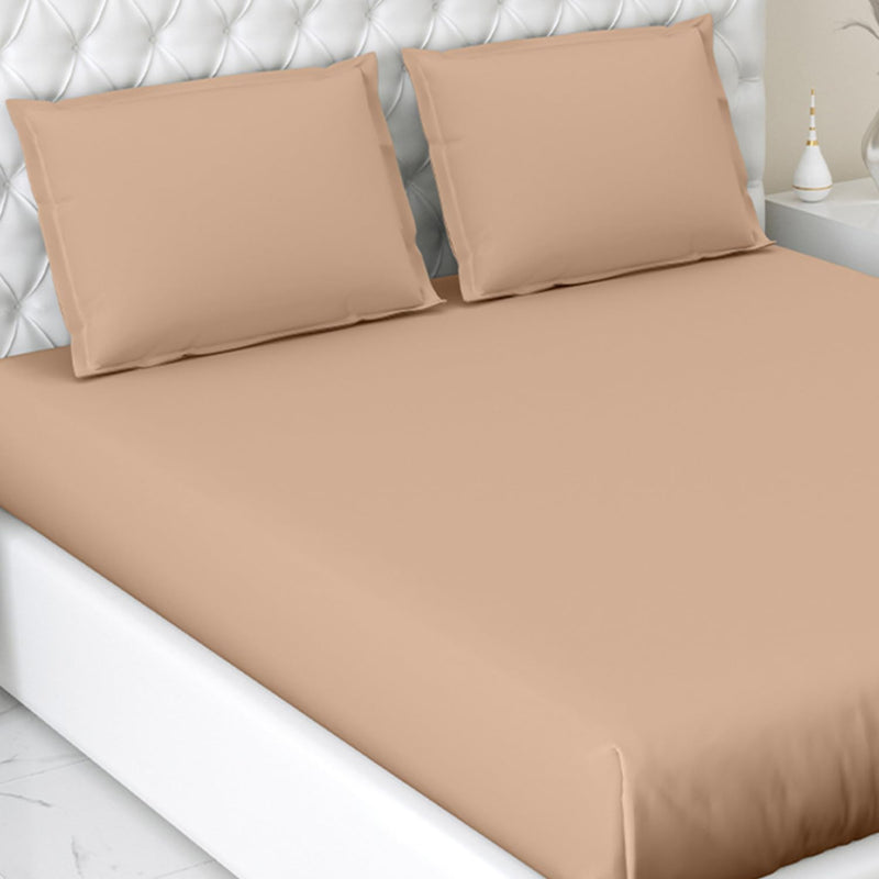 haus & kinder 100% Cotton Elastic Fitted Bedsheet King Size For Double Bed | 300Tc 1 Elastic Bedsheet King Size Cotton & 2 Pillow Covers (78 X 72 Inches + 13 Deep Pocket) | Apricot, 300 tc